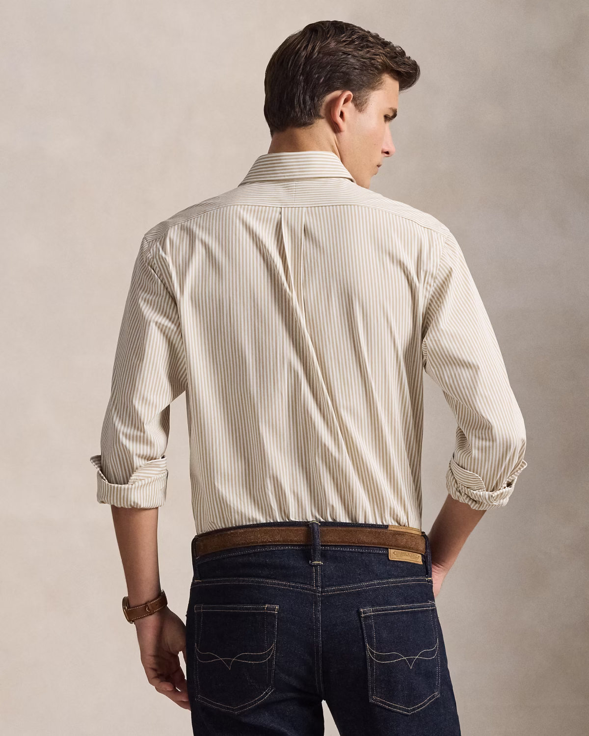 Custom Fit Striped Stretch Poplin Shirt (Colour: Coastal Beige/White) - Image 3
