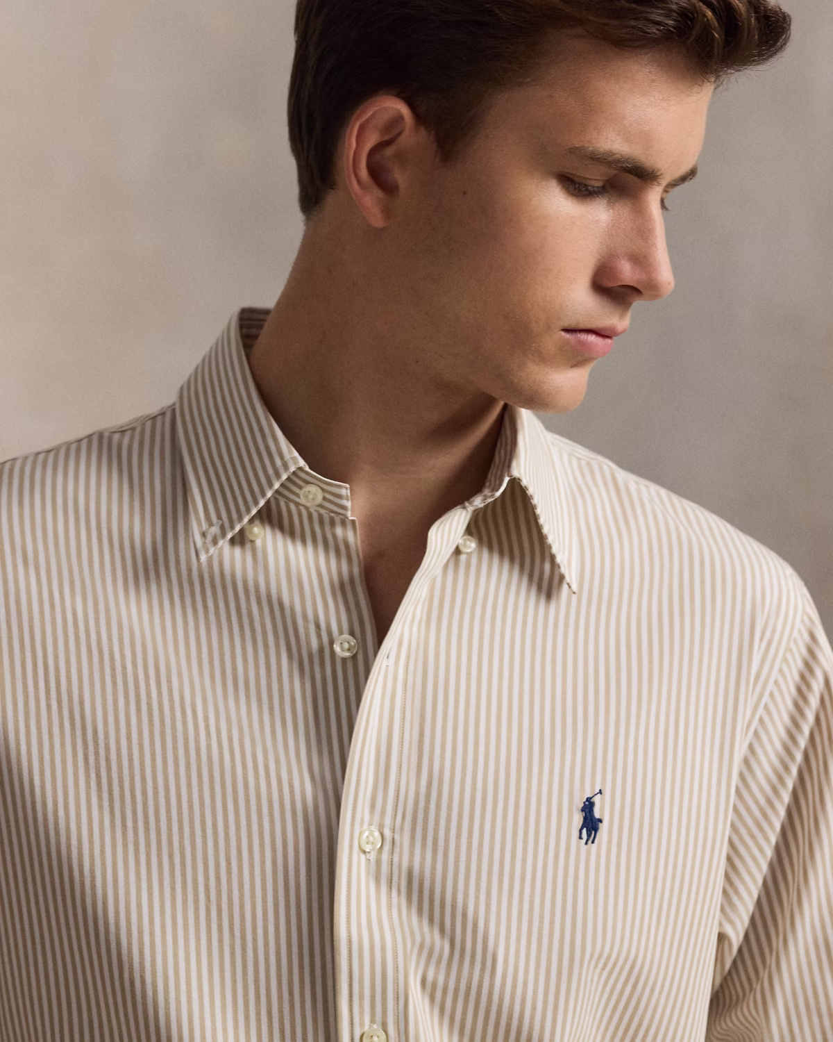 Custom Fit Striped Stretch Poplin Shirt (Colour: Coastal Beige/White) - Image 2