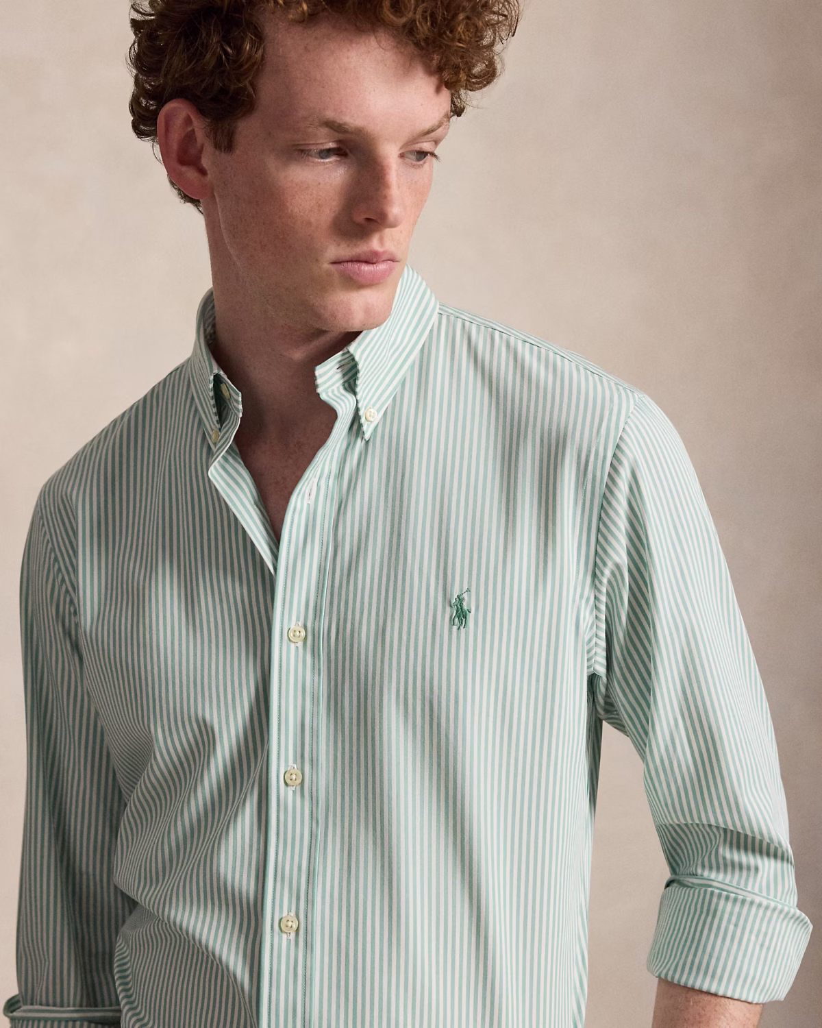 Custom Fit Striped Stretch Poplin Shirt (Colour: Essex Green/White) - Image 2