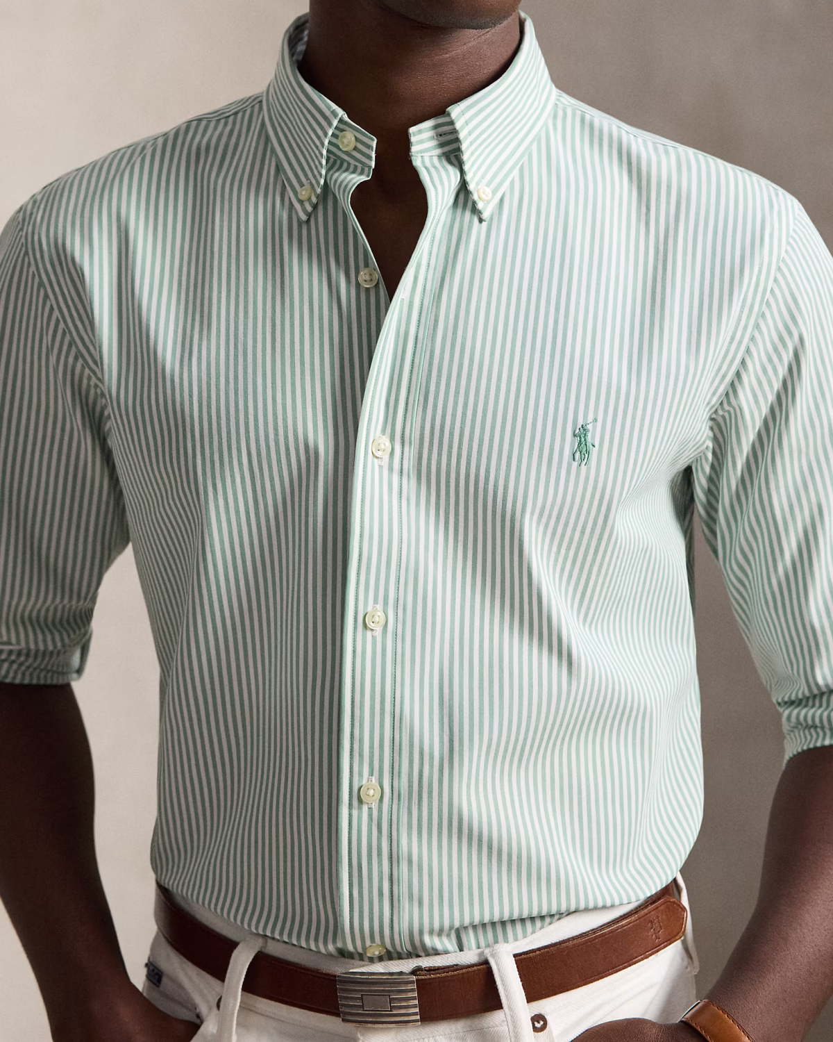 Custom Fit Striped Stretch Poplin Shirt (Colour: Faded Mint/White) - Image 2