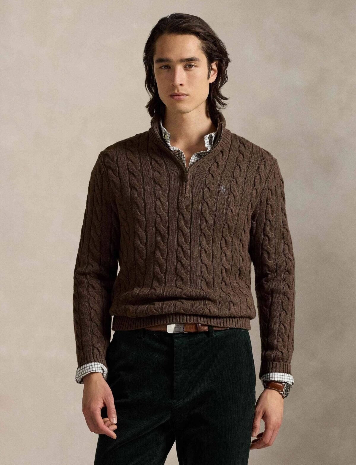 Polo Ralph Lauren Cable-Knit Cotton Quarter-Zip Sweater -Coffec - Image 3