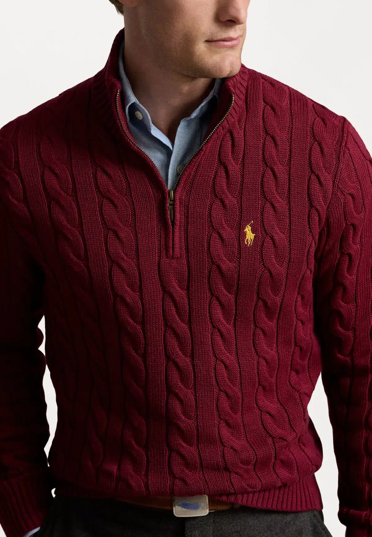 Polo Ralph Lauren Cable-Knit Cotton Quarter-Zip Sweater -Maroon - Image 2